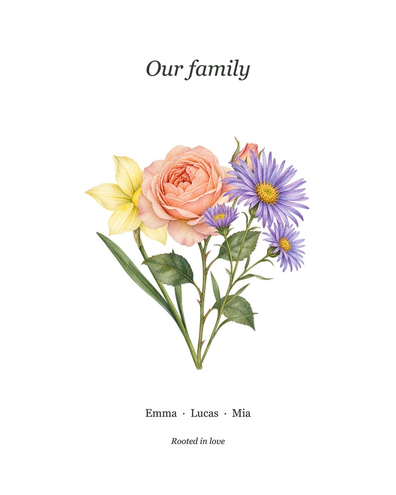 Sample family bouquet combining January, June and September birth flowers